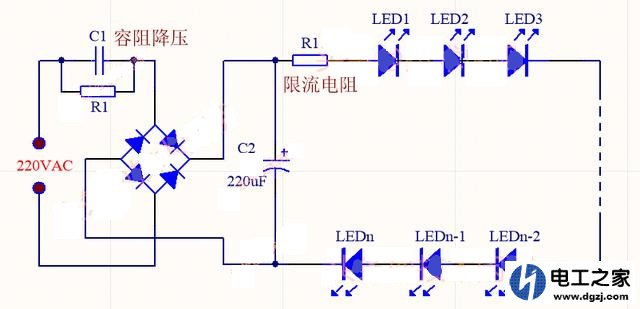 220V简易LED灯的原理图